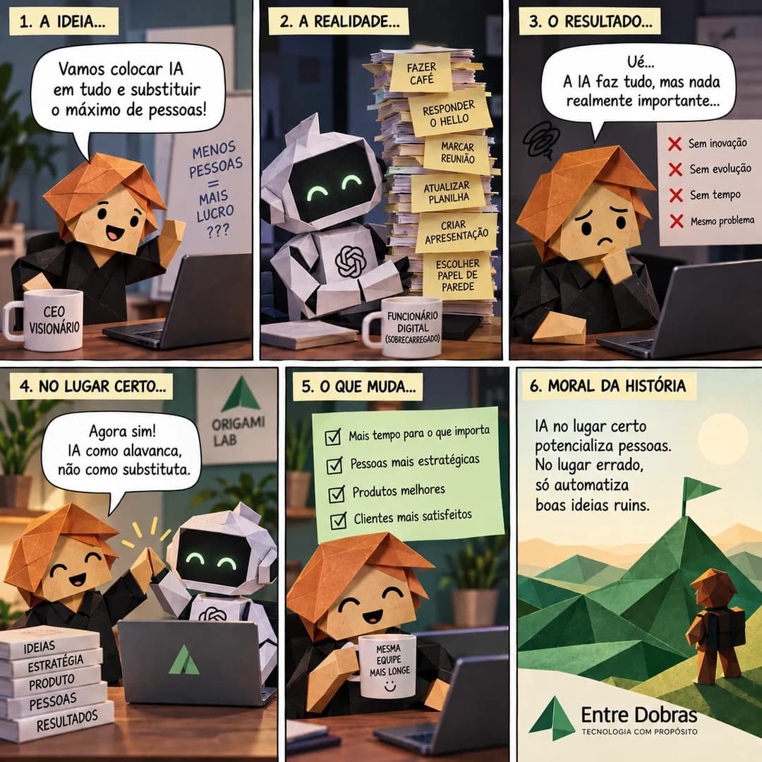 Quadrinho em seis quadros com personagens de origami. No primeiro, um CEO comemora a ideia de colocar IA em tudo e substituir o máximo de pessoas, com a conta “menos pessoas = mais lucro???” no quadro atrás. No segundo, um robô apresentado como “funcionário digital (sobrecarregado)” segura uma pilha de tarefas: fazer café, responder o hello, marcar reunião, atualizar planilha, criar apresentação, escolher papel de parede. No terceiro, o CEO conclui que a IA faz tudo, mas nada realmente importante — sem inovação, sem evolução, sem tempo, mesmo problema. No quarto, com a IA ao lado como alavanca e não como substituta, ele volta às ideias, estratégia, produto, pessoas e resultados. No quinto, o que muda: mais tempo para o que importa, pessoas mais estratégicas, produtos melhores, clientes mais satisfeitos. No último, a moral — IA no lugar certo potencializa pessoas; no lugar errado, só automatiza boas ideias ruins.